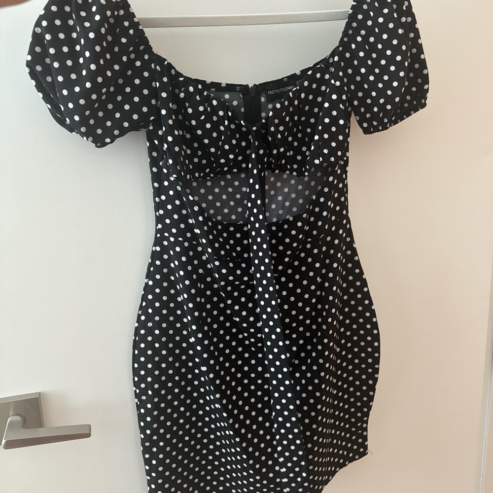 prettylittlething black and white polka dot dress